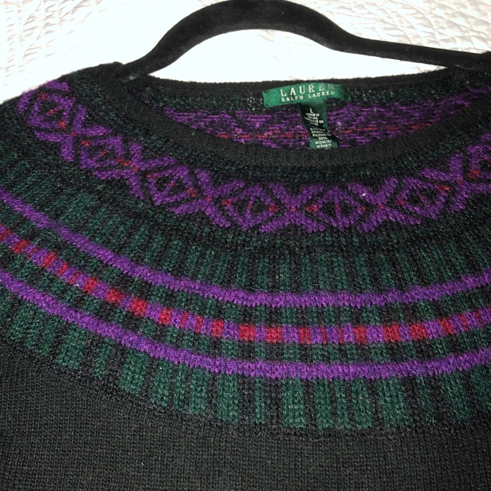 Ralph Lauren Black Crewneck Sweater with Purple, Green and Red Fair Isle Yoke